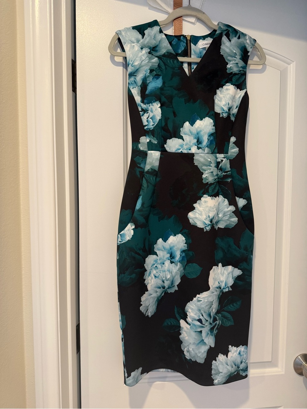 Calvin Klein Black Midi Dress with Teal and White Floral Print